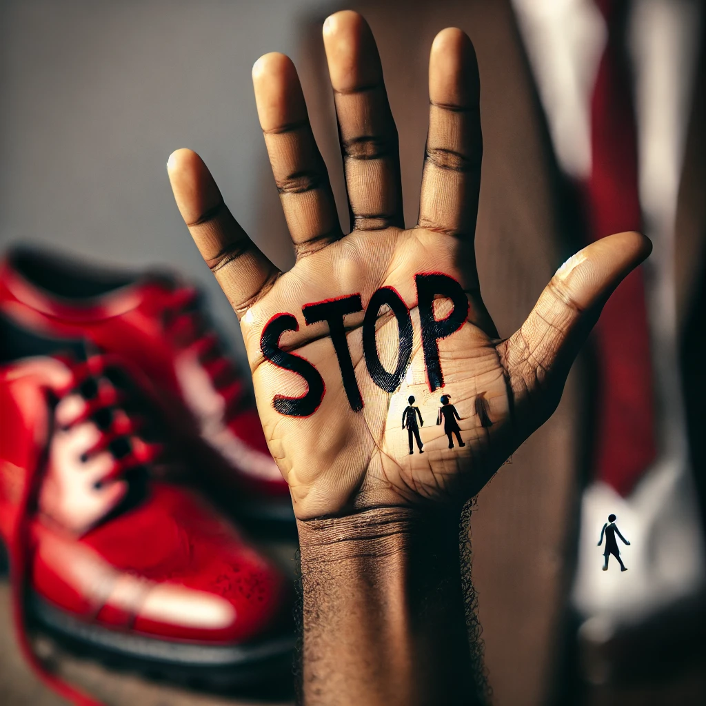 Primo piano di una mano scura con la parola "STOP" scritta sul palmo, accompagnata da piccole figure che rappresentano una coppia e una donna single. Delle scarpe rosse sono sfocate sullo sfondo, suggerendo una scena di violenza domestica o abuso.