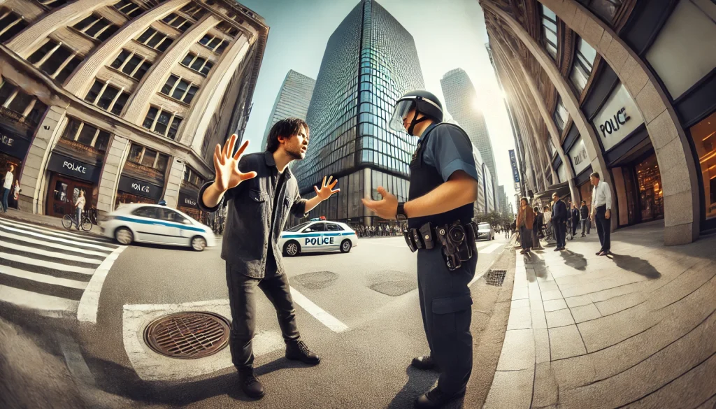Un'immagine panoramica in una strada cittadina affollata, dove un agente di polizia mantiene una postura ferma mentre un civile gli fa gesti minacciosi, illustrando una situazione di tensione e minaccia verso un pubblico ufficiale