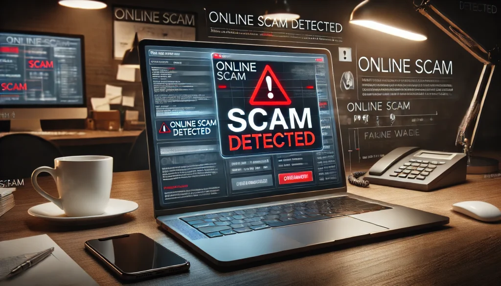 Un computer portatile con una schermata di avviso di truffa online, per illustrare il crescente fenomeno delle truffe digitali - Avvocato penalista Milano Alessandro Salonia