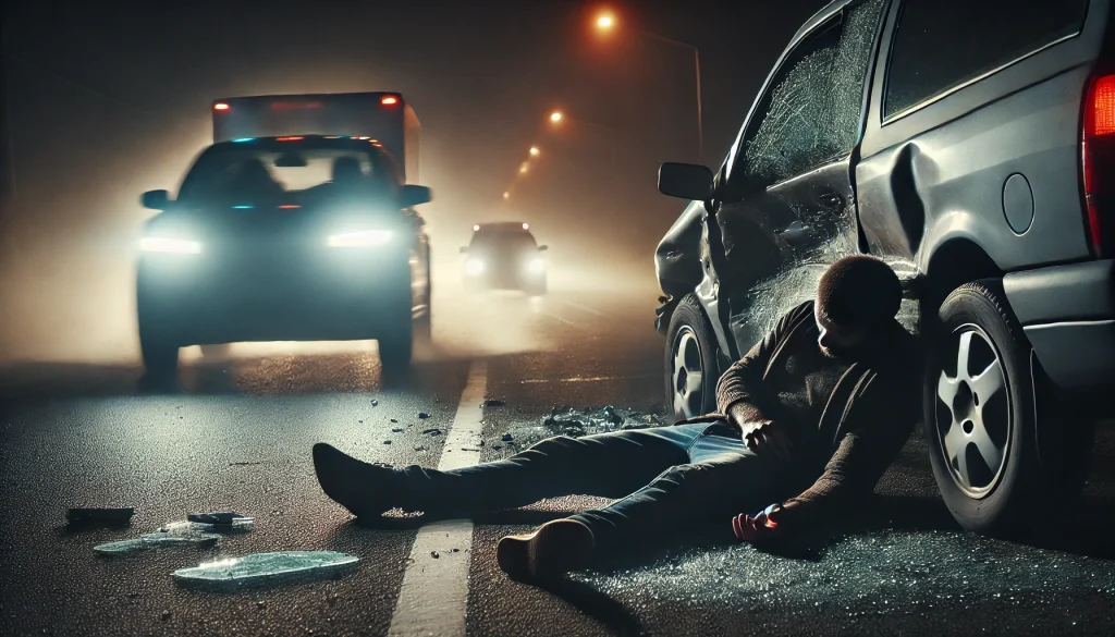 Scena di un incidente stradale in cui un’auto sta fuggendo, lasciando dietro un veicolo danneggiato e una persona ferita - Avvocato Penalista Milano Alessandro Salonia