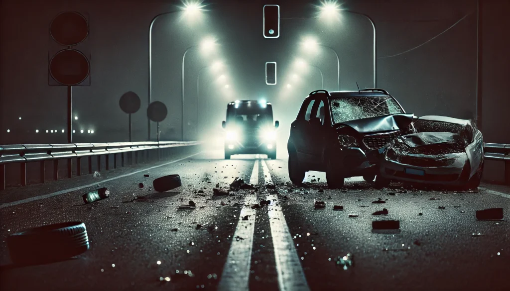 Un incidente stradale su una strada deserta, illuminata solo dai fari delle auto e dai lampioni. I veicoli sono gravemente danneggiati e i detriti sono sparsi lungo la strada, riflettendo la serietà dell'incidente e un'atmosfera cupa e inquietante.