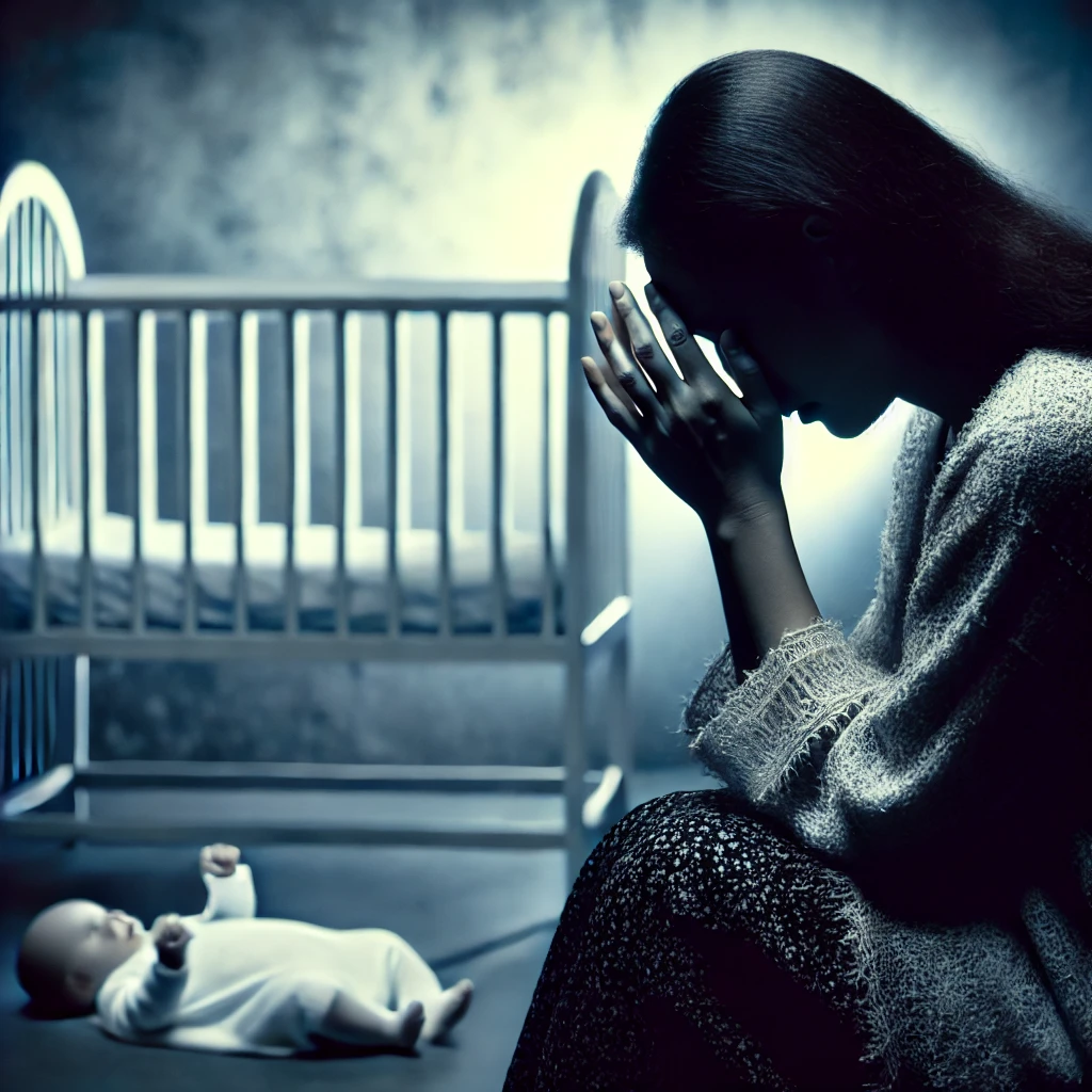 Una madre sconvolta siede sul pavimento, con la testa tra le mani, accanto alla culla di un neonato e a un neonato addormentato. La stanza scarsamente illuminata e la sua postura addolorata evocano sentimenti di disperazione e di potenziale infanticidio.