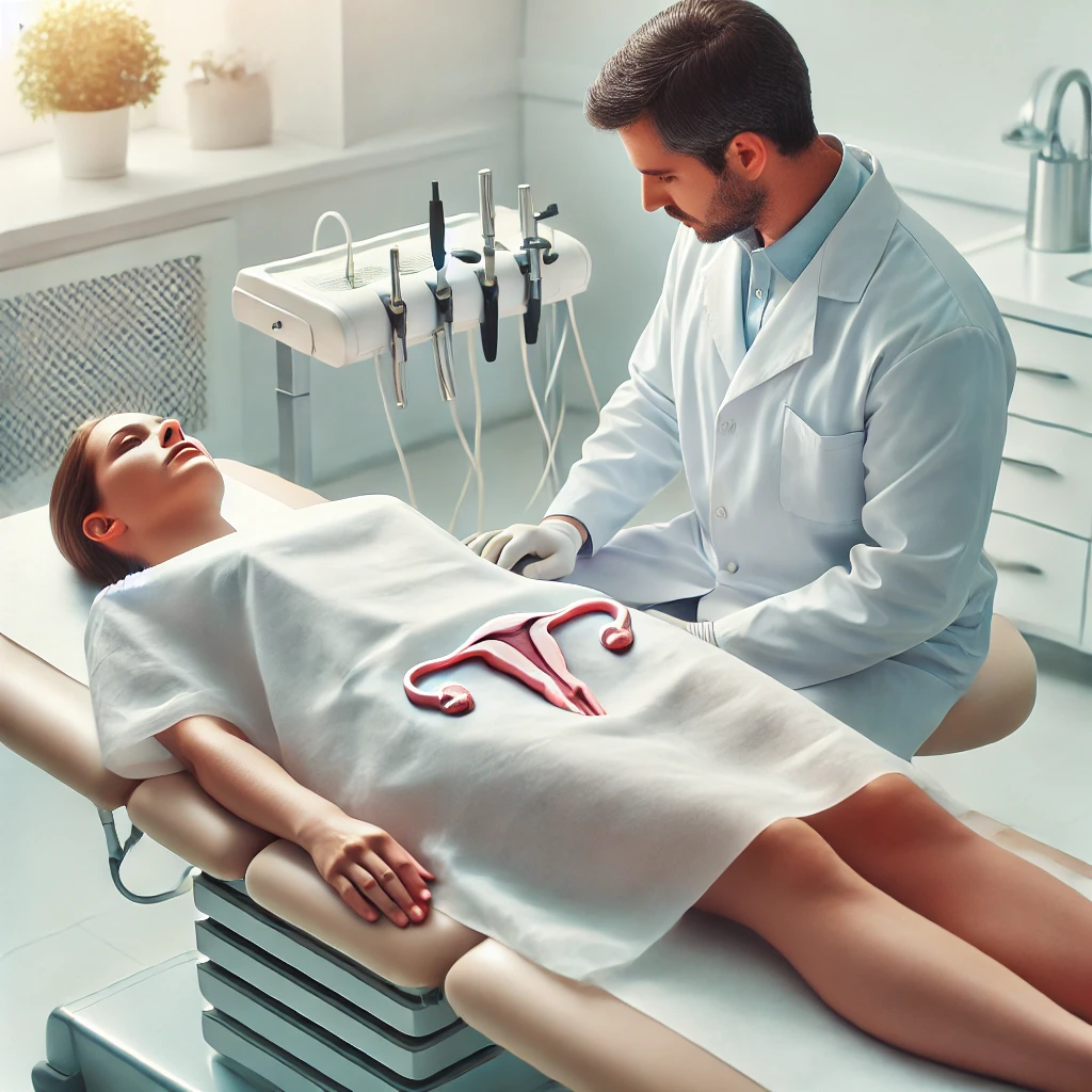 Un medico in camice bianco è seduto accanto a una donna sdraiata su un lettino da visita. Un modello di utero è appoggiato sull'addome della donna. La scena raffigura una visita ginecologica, sottolineando l'importanza del consenso informato nelle procedure mediche per prevenire la violenza sessuale durante tali visite.