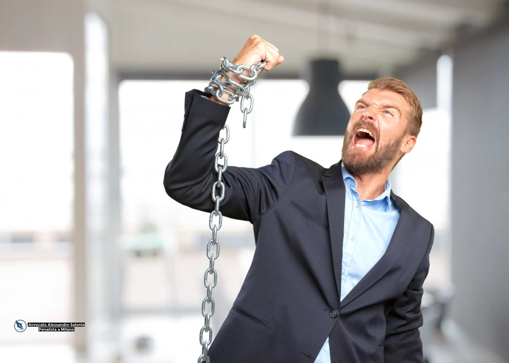 La costrizione (vis absoluta) è un elemento chiave nei reati di violenza privata ed estorsione (artt. 610 e 629 c.p.). L'immagine dell'imprenditore incatenato rappresenta la totale privazione della libertà di scelta e dell'autonomia negoziale subita dalla vittima.