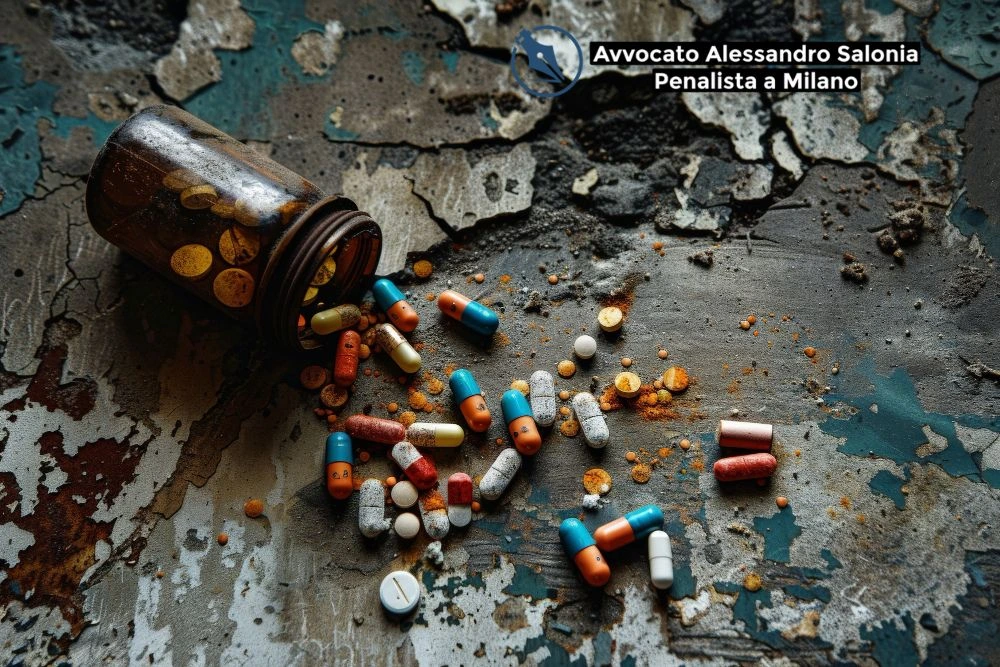 Pillole e capsule rovesciate da un flacone su una superficie degradata, a rappresentare il reato di spaccio di droga. Immagine per articolo legale Avvocato Alessandro Salonia.