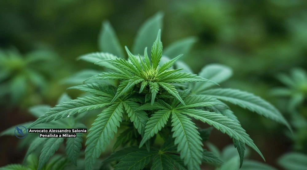 Primo piano di una pianta di cannabis verde in coltivazione, con il nome "Avvocato Alessandro Salonia Penalista a Milano" in sovrimpressione.