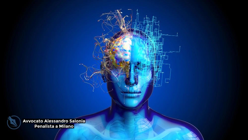 Rappresentazione concettuale di un'intelligenza artificiale applicata alla persona, con cervello digitale e circuiti, per l'analisi del reato di diffusione illecita di contenuti IA (art. 612-quater c.p.) – Assistenza legale Avvocato Alessandro Salonia Milano.